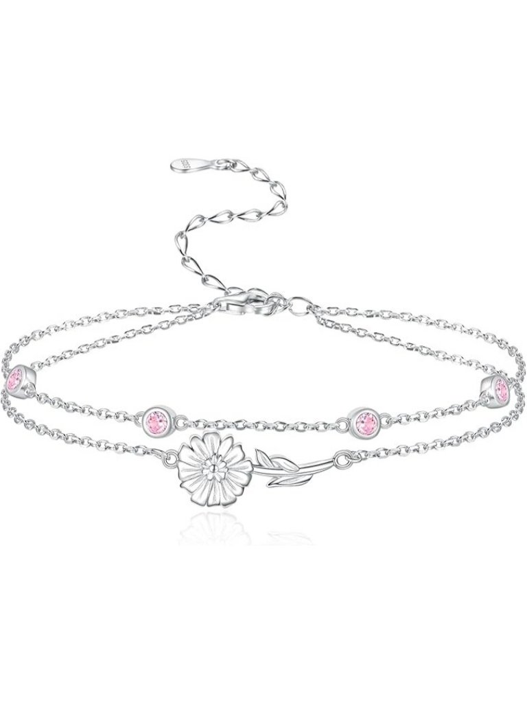 10-October Flower Silver Double Layer Chain Birthstone Bracelet